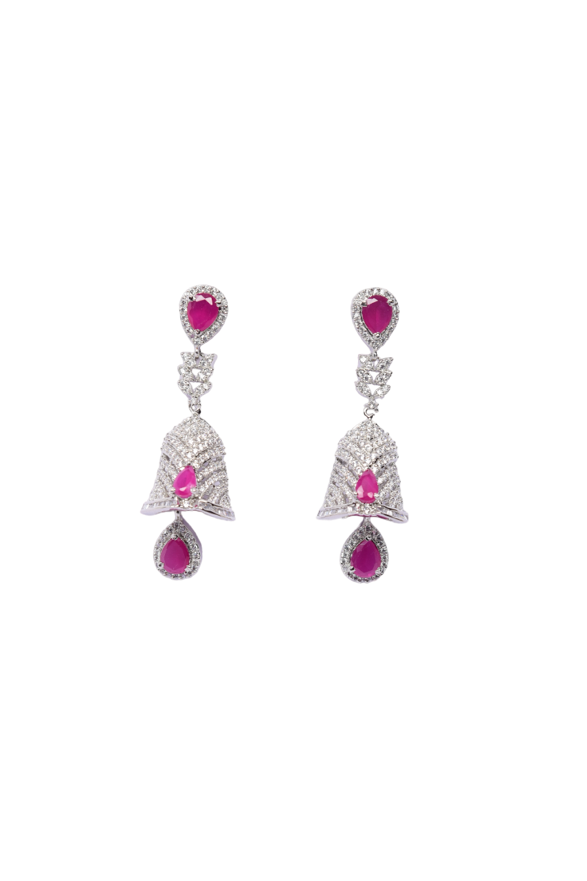 Namokriti Stunning Bell Shaped crafted Rhodium plated Dangling Jhumka earring adorned with sparkling American Diamond pink stones studded for Womens and Girls